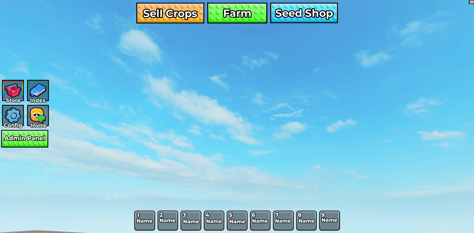 In-progress UI layout with Sell Crops, Farm, and Seed Shop buttons