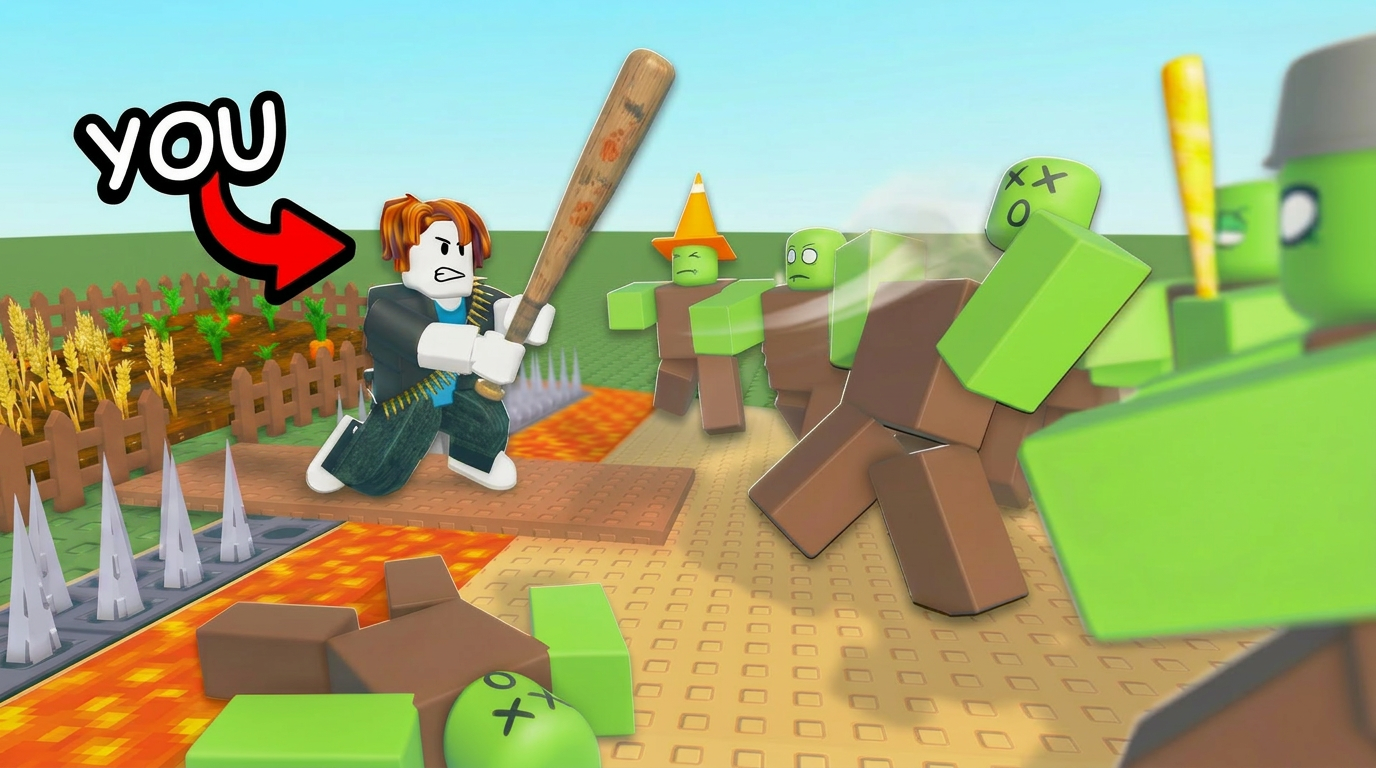 Player fighting off a horde of zombies with a bat near the farm