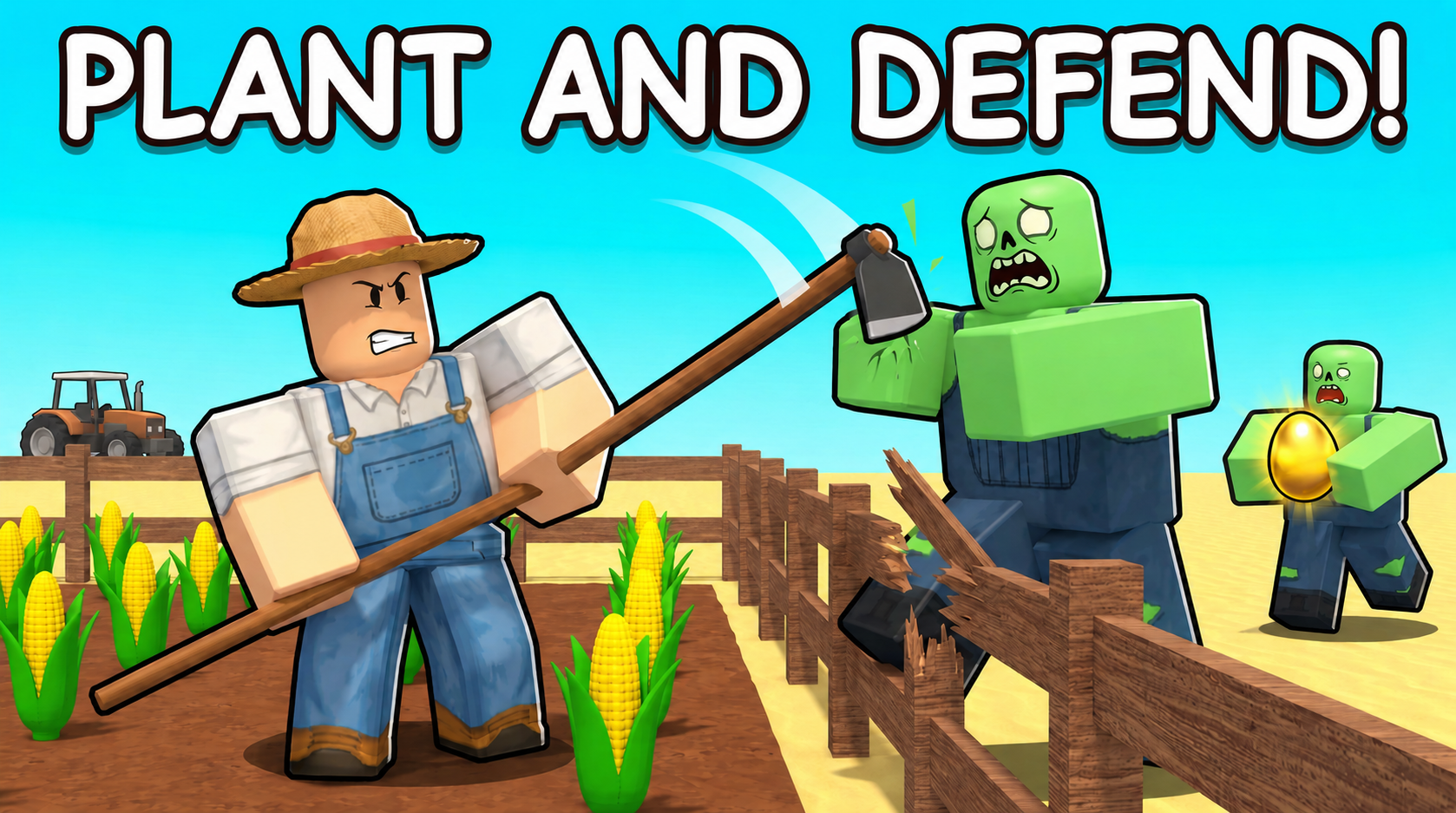 Plant and Defend title card with farmer fighting a zombie